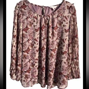 LC Lauren Conrad Women's LG Blouse Top Pleated Long Sleeves Floral Print Lined